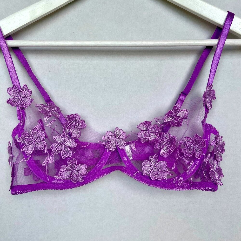 Purple Floral Embroidered Lace Bra Sz M